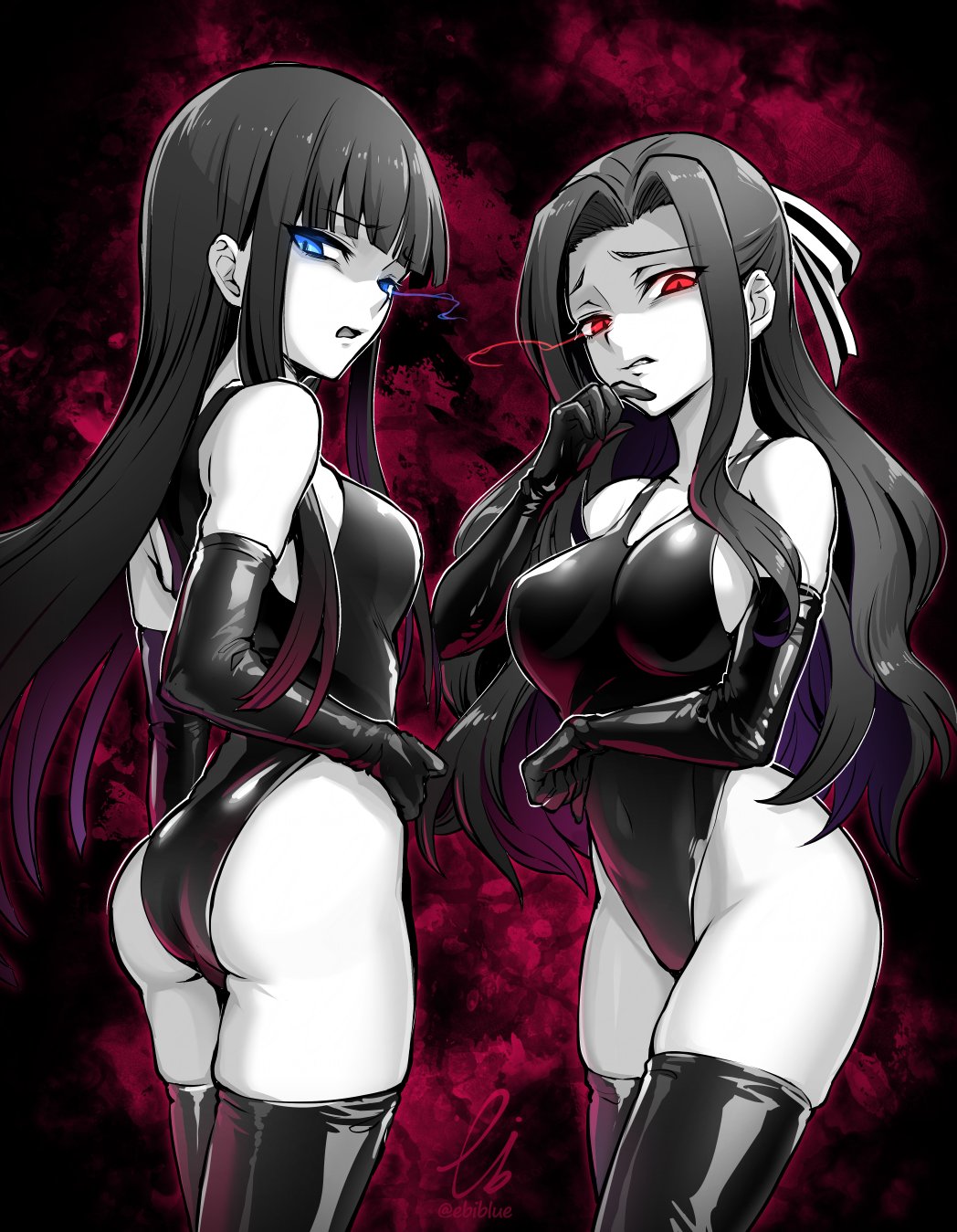 2girls ass blue_eyes breasts commission covered_navel ebiblue elbow_gloves gesugao gloves hair_ribbon highres large_breasts leotard long_hair mahouka_koukou_no_rettousei multiple_girls open_mouth partially_colored red_eyes ribbon saegusa_mayumi shiba_miyuki signature skeb_commission thighhighs twitter_username