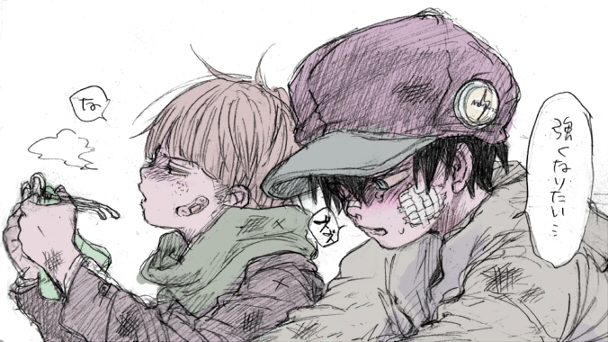 2boys bandaid bandaid_on_cheek bandaid_on_face bandaid_on_nose baseball_cap black_hair blonde_hair commentary_request crying franklin_badge green_scarf hat jeff_andonuts mokorobi mother_(series) mother_2 multiple_boys ness_(mother_2) nintendo scarf translated unworn_eyewear white_background