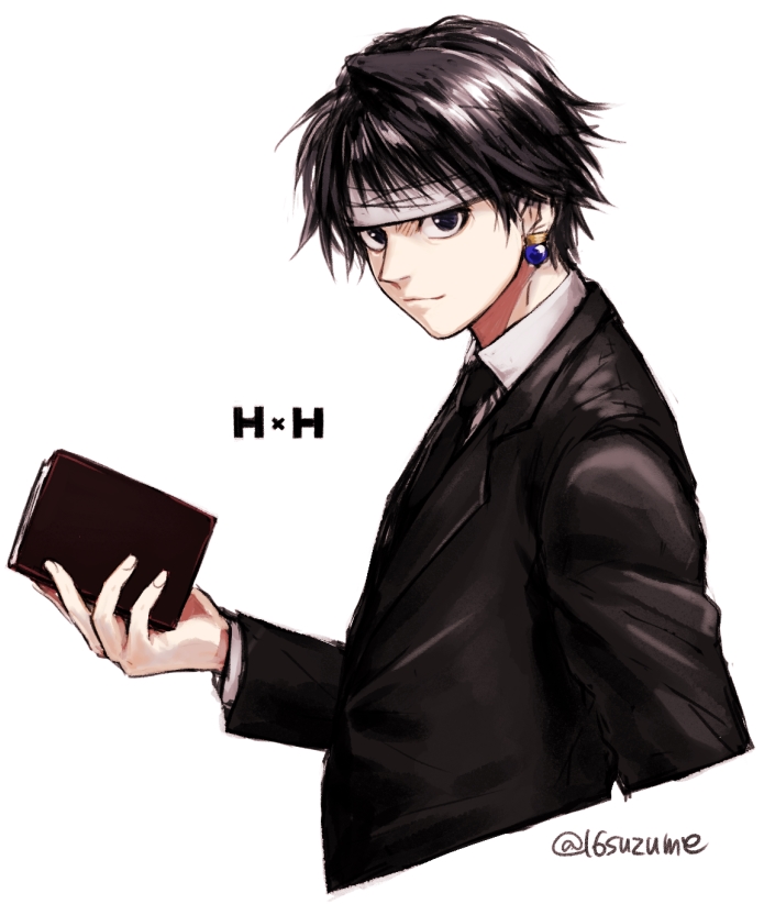 1boy bandaged_head bandages black_eyes black_hair black_necktie book chrollo_lucilfer closed_mouth collared_shirt cropped_torso formal_clothes holding holding_book hunter_x_hunter looking_at_viewer male_focus necktie shirt simple_background solo somemiya_suzume suit twitter_username white_background white_shirt