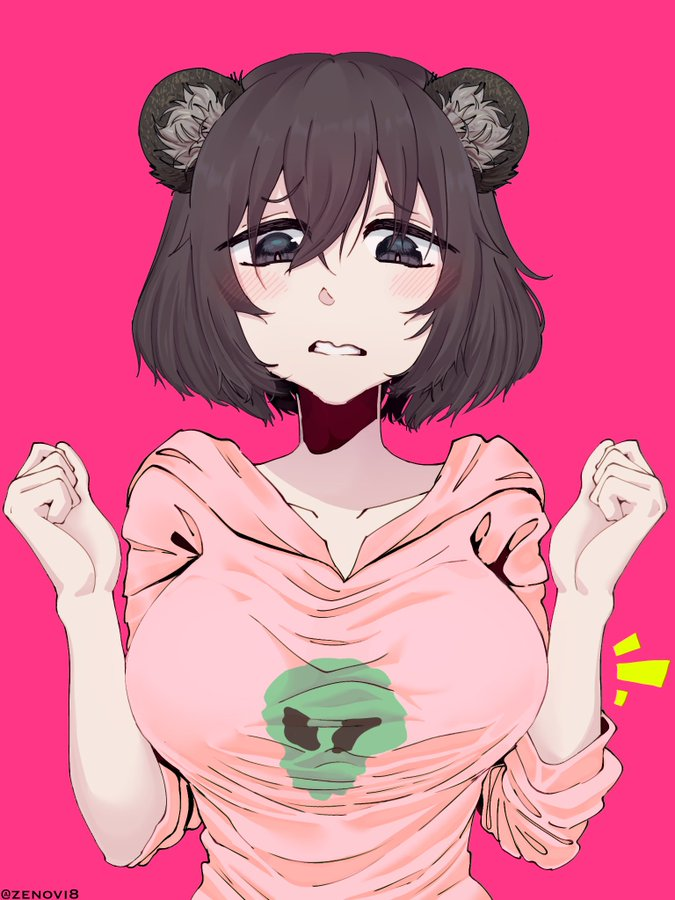 1girl alien animal_ears apandah_(youtube) artist_name bear_ears black_eyes blush breasts clenched_hand clenched_hands clenched_teeth collarbone female_focus hair_between_eyes hood hoodie indie_virtual_youtuber large_breasts loose_clothes pale_skin panda panda_ears pink_background pink_hoodie raised_eyebrows short_hair simple_background solo solo_focus source_request tagme teeth virtual_youtuber wavy_mouth youtube zenovi