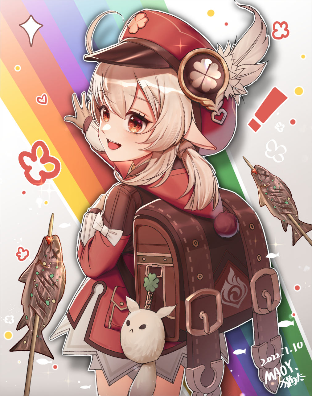 ! 1girl ahoge backpack bag bag_charm bloomers brown_gloves brown_scarf cabbie_hat charm_(object) clover_print coat commentary_request dated dodoco_(genshin_impact) fish fish_(food) from_behind genshin_impact gloves hair_between_eyes hat hat_feather hat_ornament head_tilt highres klee_(genshin_impact) light_brown_hair long_hair long_sleeves looking_at_viewer looking_back low_twintails maoy123 orange_eyes pocket pointy_ears randoseru red_coat red_hat scarf sidelocks signature skewer solo twintails underwear