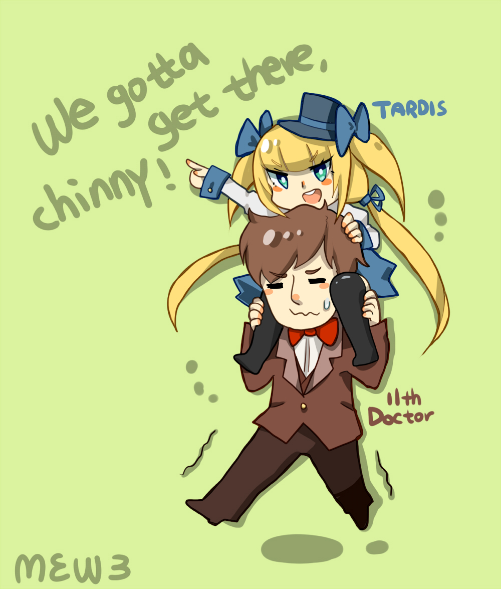1boy 1girl bad_id bad_pixiv_id blonde_hair blue_eyes bow bowtie doctor_who eleventh_doctor eleventh_doctor_(doctor_who) hat jacket mew3 personification ribbon shirt tachibana_neko tardis text_focus the_doctor the_doctor_(doctor_who) thighhighs