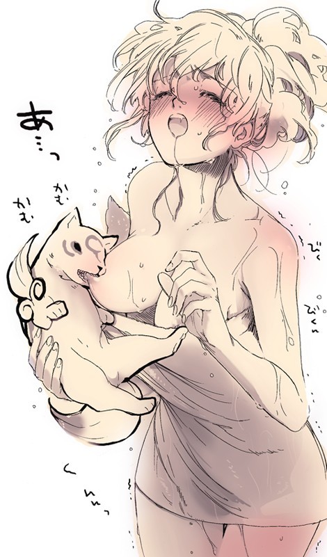 1girl amaterasu_(ookami) biting blonde_hair blush breasts chibiterasu closed_eyes monochrome naked_towel nipple_biting nipple_stimulation nipples ookami_(game) ookamiden open_mouth towel wet wolf
