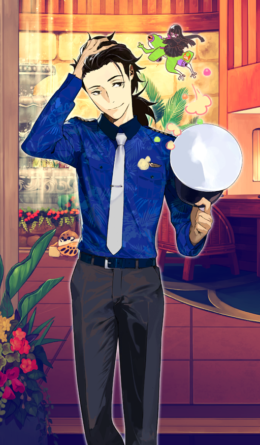1boy 1girl adjusting_hair aircraft airplane belt belt_buckle black_eyes black_hair black_pants black_serafuku black_skirt blue_belt blue_shirt buckle chair closed_mouth commentary dress_pants fate/grand_order fate_(series) feet_out_of_frame floral_print_shirt flying fountain frog hair_slicked_back hat head_tilt holding holding_unworn_clothes holding_unworn_hat indoors jumping long_hair long_sleeves looking_to_the_side low_ponytail male_focus mini_person minigirl neckerchief necktie official_art oryou_(fate) pako_(pakosun) pants peaked_cap pink_eyes pink_neckerchief plant pleated_skirt ponytail potted_plant riding sakamoto_ryouma_(fate) sakamoto_ryouma_(festival_outfit)_(fate) school_uniform serafuku shirt skirt smile solo_focus standing third-party_source tie_clip unworn_hat unworn_headwear white_necktie