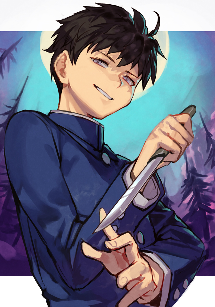1boy ahoge black_hair blue_jacket buttons evil_grin evil_smile gakuran grey_eyes grin half-closed_eyes holding holding_knife holding_weapon hungry_clicker jacket knife long_sleeves looking_at_viewer male_focus melty_blood moon nanaya_shiki school_uniform short_hair smile solo tsukihime weapon