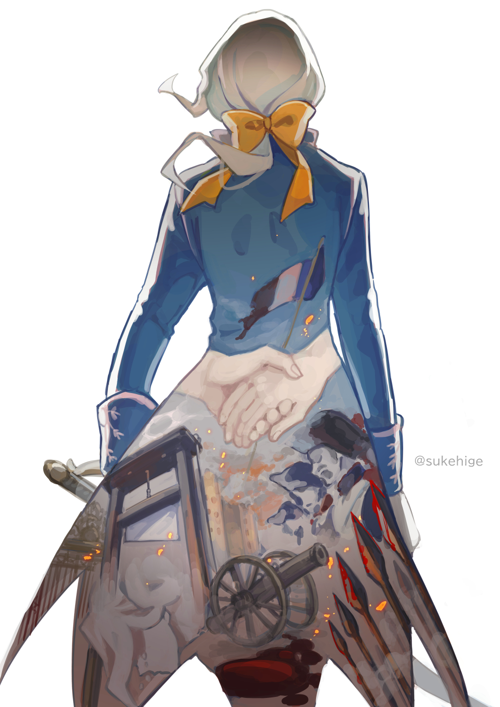 1boy bicorne blood blue_coat bow cannon coat cowboy_shot double_exposure facing_away fire flag french_revolution from_behind guillotine hair_bow hat highres holding holding_hands holding_sword holding_weapon identity_v joseph_desaulniers long_hair long_sleeves low_ponytail male_focus polearm ponytail pool_of_blood simple_background sleeve_cuffs smoke solo spear standing sukehige sword torn_flag twitter_username weapon white_background white_hair yellow_bow