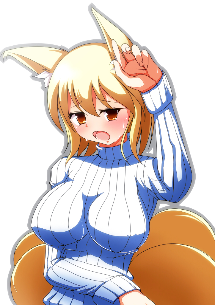1girl alternate_costume animal_ears arm_up blonde_hair blush breasts cleavage covered_erect_nipples female_focus fox_ears fox_tail large_breasts long_sleeves merry_(diameri) multiple_tails open_mouth ribbed_sweater solo sweat sweater tail touhou upper_body yakumo_ran yellow_eyes