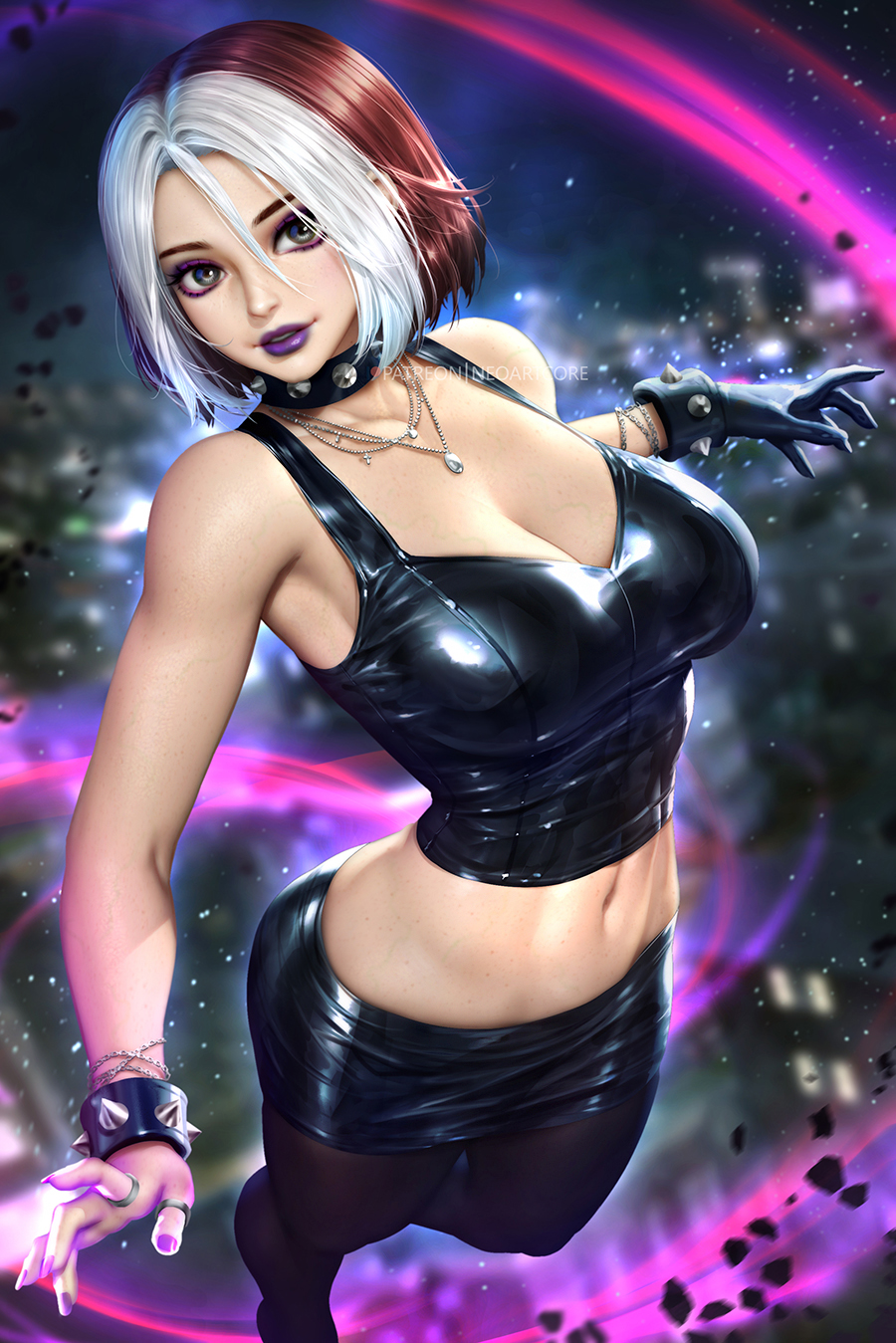 1girl black_collar black_gloves black_skirt black_tank_top blurry blurry_background bracelet breasts brown_hair cleavage collar collarbone eyeshadow gloves grey_eyes hair_between_eyes highres jewelry large_breasts makeup marvel multicolored_hair multiple_rings navel necklace neoartcore pantyhose patreon_username pencil_skirt purple_eyeshadow purple_lips purple_nails ring rogue_(x-men) short_hair single_glove skirt solo spiked_bracelet spiked_collar spikes tank_top two-tone_hair watermark white_hair x-men x-men_evolution