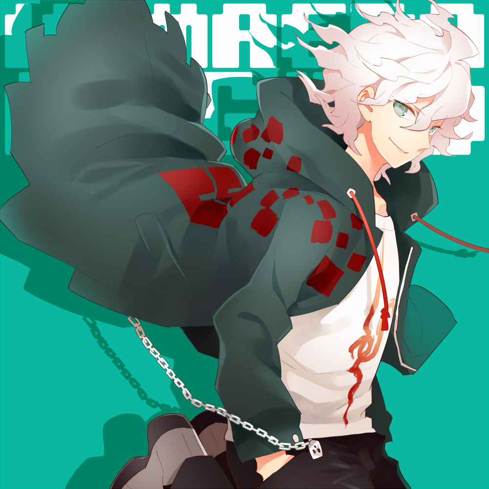 10s 1boy bad_id bad_pixiv_id danganronpa_(series) grey_eyes gum_(gmng) gumidemo_kandero hand_in_pocket hood hoodie jacket komaeda_nagito male_focus smile solo danganronpa_2:_goodbye_despair white_hair