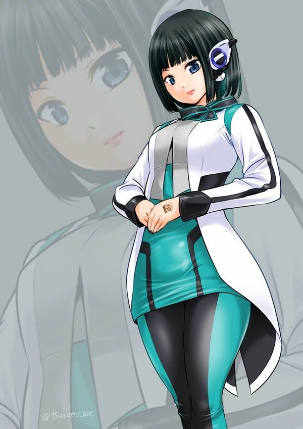 1girl abe_tsukumo android black_bow black_hair black_nails blue_eyes bow breasts green_pantyhose green_skirt grey_background grey_shirt humagear_headphones is_(kamen_rider_01) izu_(kamen_rider_01) jacket kamen_rider kamen_rider_zero-one_(series) long_sleeves looking_at_viewer medium_breasts office_lady open_clothes open_jacket pantyhose robot shirt short_hair skirt standing white_jacket