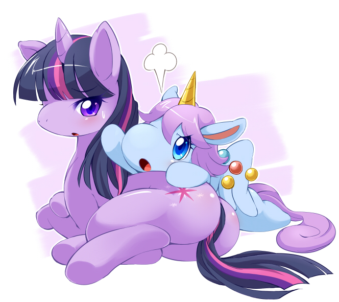 animal animal_focus ass blue_eyes creature creature_focus crossover cutie_mark jewelpet_(series) long_hair multicolored_hair my_little_pony my_little_pony:_friendship_is_magic no_humans opal_(jewelpet) open_mouth pony_(animal) purple_eyes purple_hair species_connection streaked_hair sweatdrop tail twilight_sparkle ukan_muri unicorn winged_unicorn