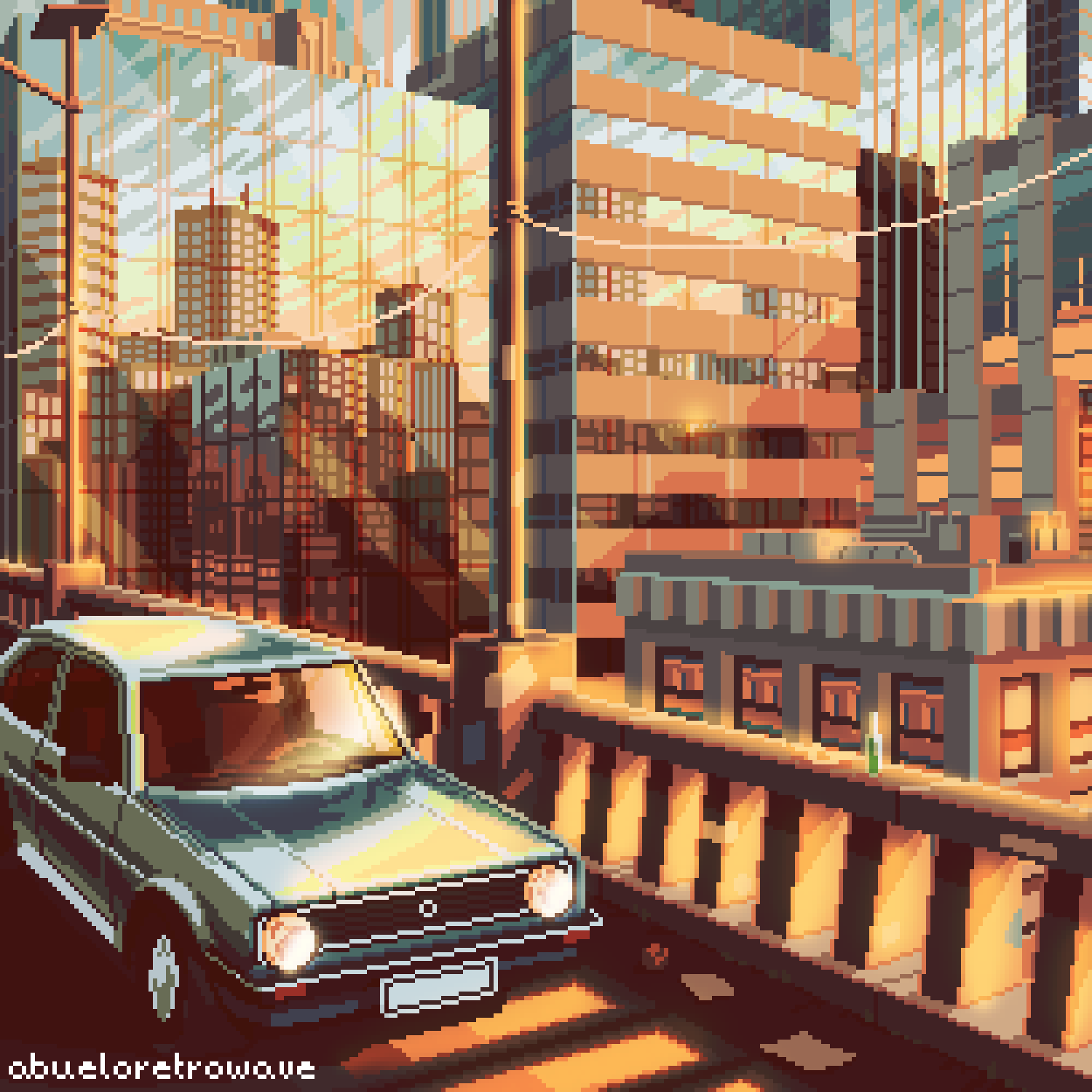 abueloretrowave bottle car city cityscape highres light_rays motor_vehicle no_humans outdoors photoshop_(medium) pixel_art reflection scenery sunset synthwave third-party_edit vaporwave volkswagen wine_bottle wire