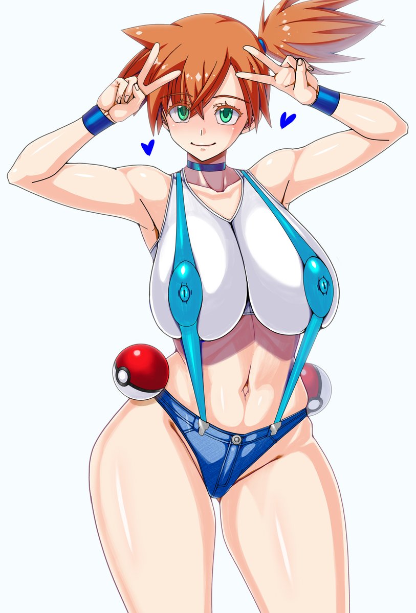 1girl alternate_breast_size armpits asymmetrical_hair blouse breasts curvy denim denim_shorts double_v green_eyes heart huge_breasts kinokoallstars large_breasts looking_at_viewer midriff misty_(pokemon) navel nintendo nipples orange_hair pokemon pokemon_(anime) pokemon_(classic_anime) ponytail puffy_areolae shirt short_shorts shorts side_ponytail smile solo suspenders thick_thighs thighs v wet white_shirt wide_hips