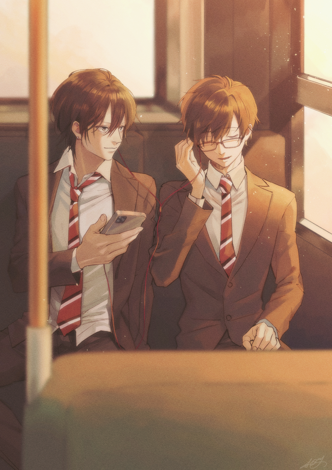 2boys black_jacket brown_hair bus_interior cellphone closed_mouth commission earphones fingernails glasses hair_between_eyes highres holding holding_phone jacket kurosujuu light_particles multiple_boys necktie open_mouth original phone school_uniform shared_earphones shirt sitting skeb_commission smartphone striped_necktie white_shirt window