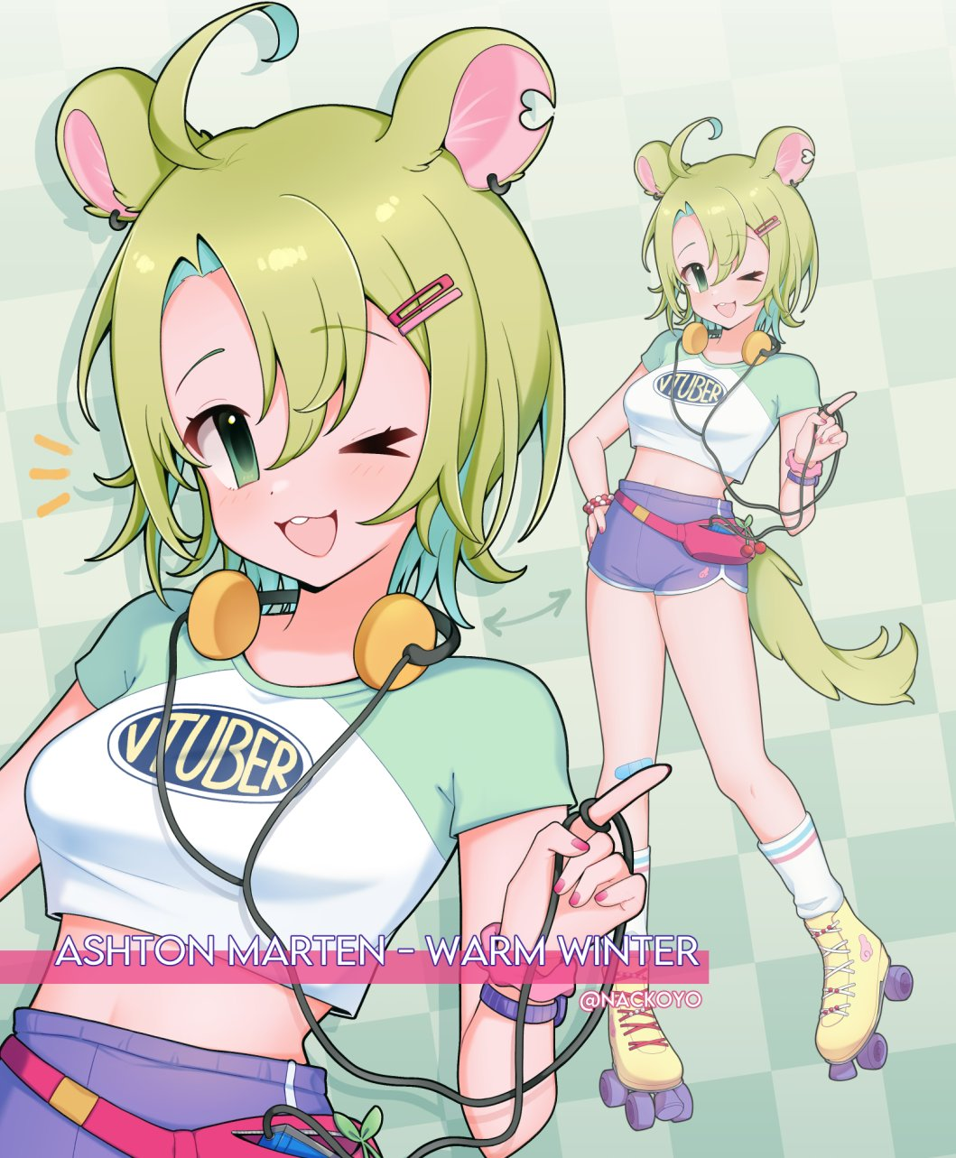 1girl ahoge animal_ears ashton_marten_(vtuber) bandaid bandaid_on_knee bandaid_on_leg breasts character_name chinchilla_ears chinchilla_girl chinchilla_tail crop_top cropped_shirt dolphin_shorts fanny_pack fingernails green_eyes green_hair green_tail hair_between_eyes hair_ornament hairclip hand_on_own_hip headphones headphones_around_neck highres indie_virtual_youtuber looking_at_viewer medium_breasts medium_hair midriff multiple_views nackoyo nail_polish official_alternate_costume one_eye_closed open_mouth purple_shorts red_nails roller_skates shoes short_shorts short_sleeves shorts skates smile socks standing tail twitter_username virtual_youtuber white_socks yellow_shoes