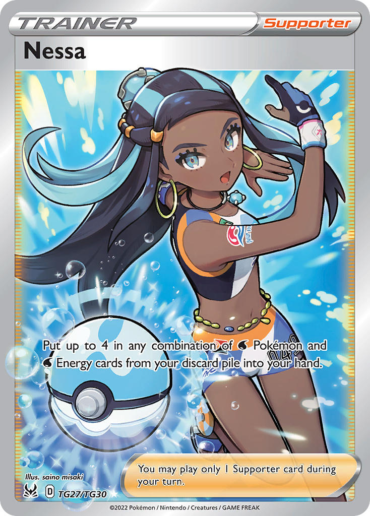 1girl arm_tattoo artist_name black_hair blue_eyes blue_hair bubble card_(medium) character_name company_name copyright_name copyright_notice crop_top dark-skinned_female dark_skin dive_ball dynamax_band earrings english_text eyelashes gloves hoop_earrings jewelry long_hair midriff multicolored_hair navel necklace nessa_(pokemon) nintendo official_art open_mouth open_poke_ball partially_fingerless_gloves poke_ball pokemon pokemon_card pokemon_swsh pokemon_tcg saino_misaki sleeveless solo tattoo third-party_source throwing throwing_poke_ball trading_card two-tone_hair water