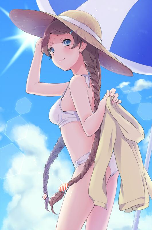 1girl back bikini blue_eyes blue_sky blue_umbrella braid brown_hair closed_mouth cloud commentary_request day eyelashes from_side gleam hair_ornament hairclip hand_on_headwear hat holding_hoodie hood hoodie light_blush long_hair looking_at_viewer low_twin_braids original outdoors sky smile solo stomach summer sun sun_hat sunlight swimsuit twin_braids two-tone_umbrella umbrella very_long_hair white_bikini white_umbrella wide_brim witoi_(roa) yellow_hat yellow_hoodie