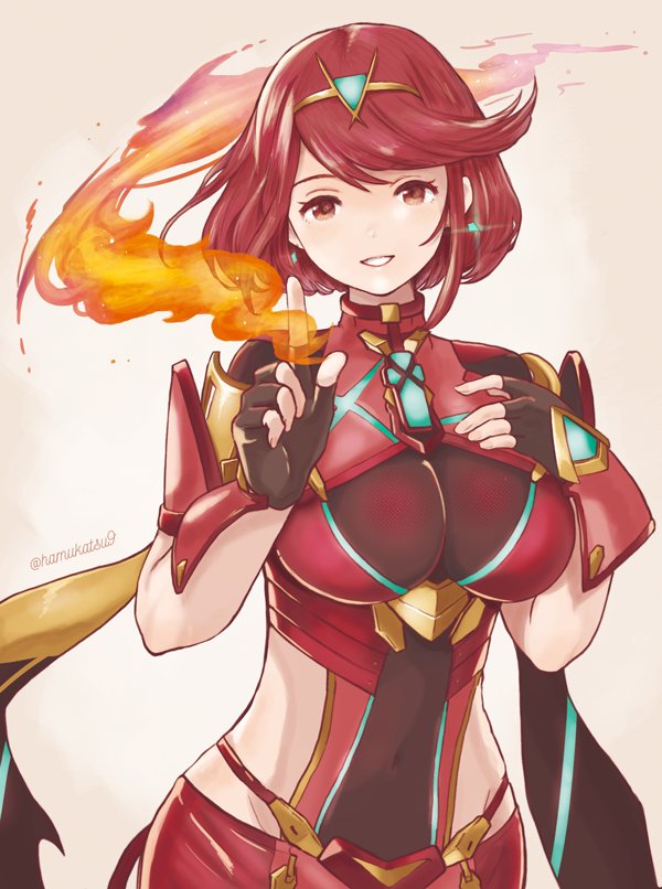 1girl blush breasts covered_navel earrings female_focus fingerless_gloves fire gloves hair_ornament jewelry large_breasts looking_at_viewer ma-hain-scarlet nintendo pyra_(xenoblade) red_eyes red_hair short_hair shorts sidelocks simple_background smile solo tiara white_background xenoblade_chronicles_(series) xenoblade_chronicles_2