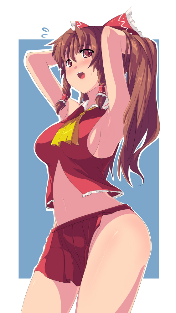 1girl armpits arms_up blush bow braid breasts brown_eyes brown_hair female_focus hair_bow hakurei_reimu large_breasts long_hair navel no_bra no_panties red_eyes saiste sideboob skirt solo thighs touhou twin_braids