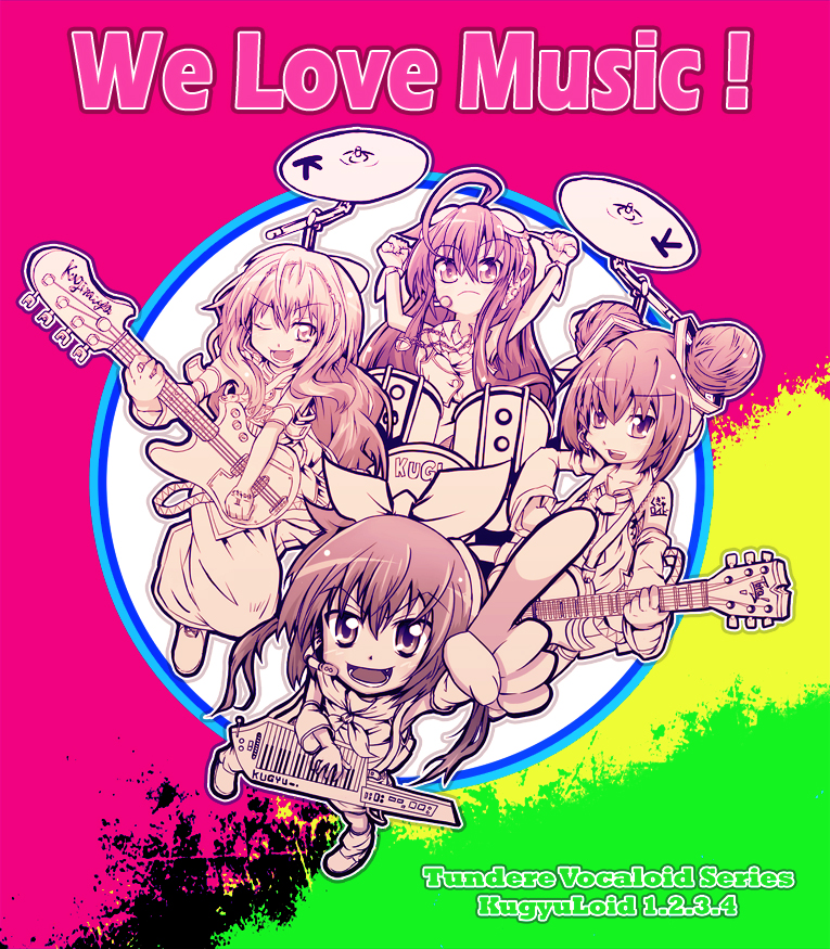 4girls aisaka_taiga band_(music) circle cosplay crossover drum drum_set foreshortening guitar gumi gumi_(cosplay) hatsune_miku hatsune_miku_(cosplay) hayate_no_gotoku! headset instrument kagamine_rin kagamine_rin_(cosplay) keytar kugimiya_rie long_hair louise_francoise_le_blanc_de_la_valliere megurine_luka megurine_luka_(cosplay) microphone monochrome multiple_crossover multiple_girls pink_theme pointing sanzen&#039;in_nagi shakugan_no_shana shana tanashi_(mk2) toradora! twintails vocaloid voice_actor_connection zero_no_tsukaima