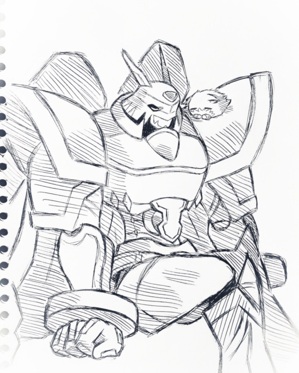 alphamon armor cape crossed_legs digimon digimon_(creature) dorimon highres monochrome sleeping traditional_media