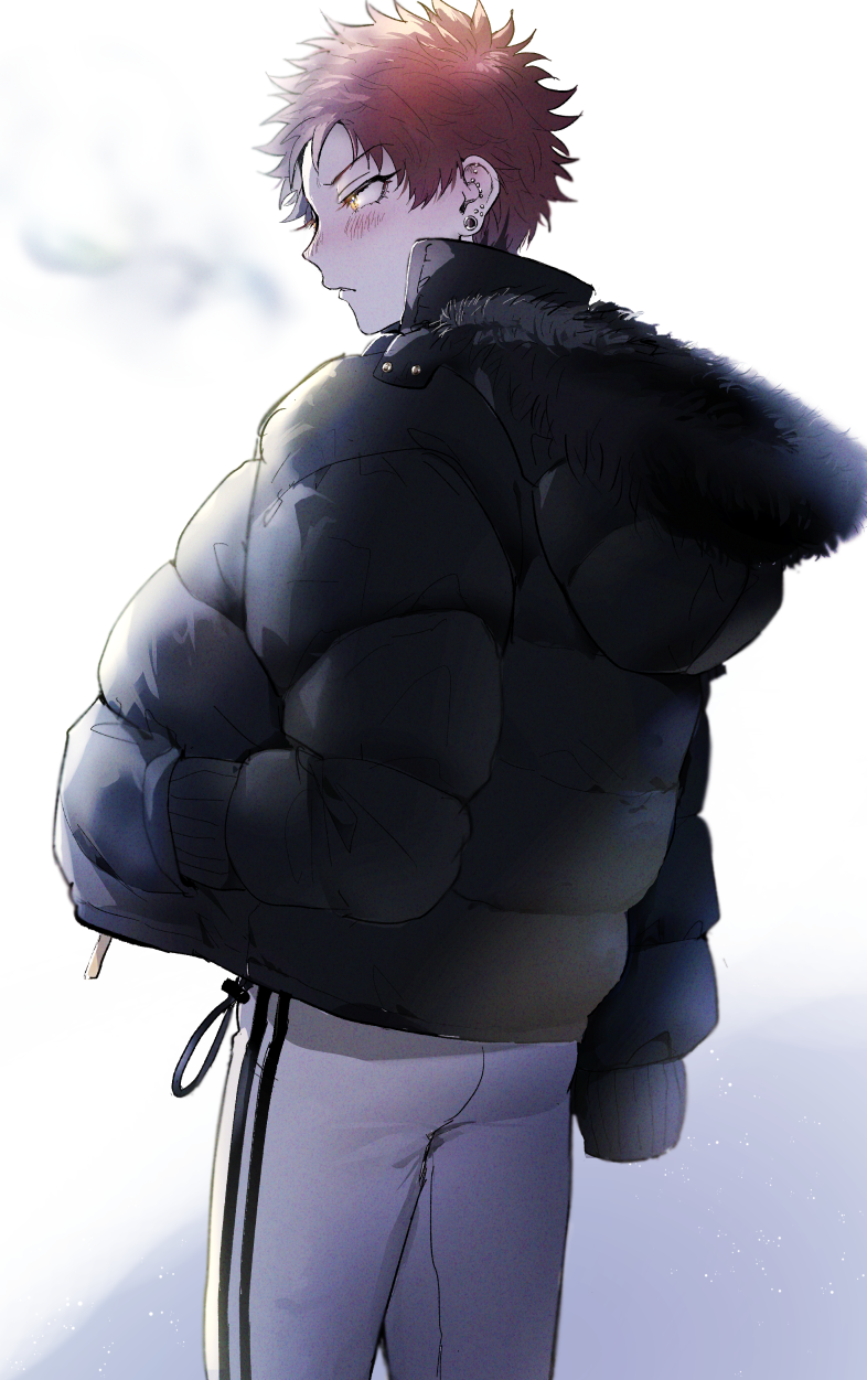 1boy backlighting black_jacket blurry_edges blush breath cold cowboy_shot ear_piercing eyelashes facing_to_the_side film_grain from_behind fur-trimmed_jacket fur_trim furrowed_brow hand_in_pocket harai_kuko highres hypnosis_mic jacket light_particles looking_afar male_focus multiple_piercings nbnekochan nose_blush padded_jacket pale_skin pants parted_lips piercing plug_(piercing) red_hair short_hair sleeves_past_fingers sleeves_past_wrists solo spiked_hair track_pants white_pants yellow_eyes