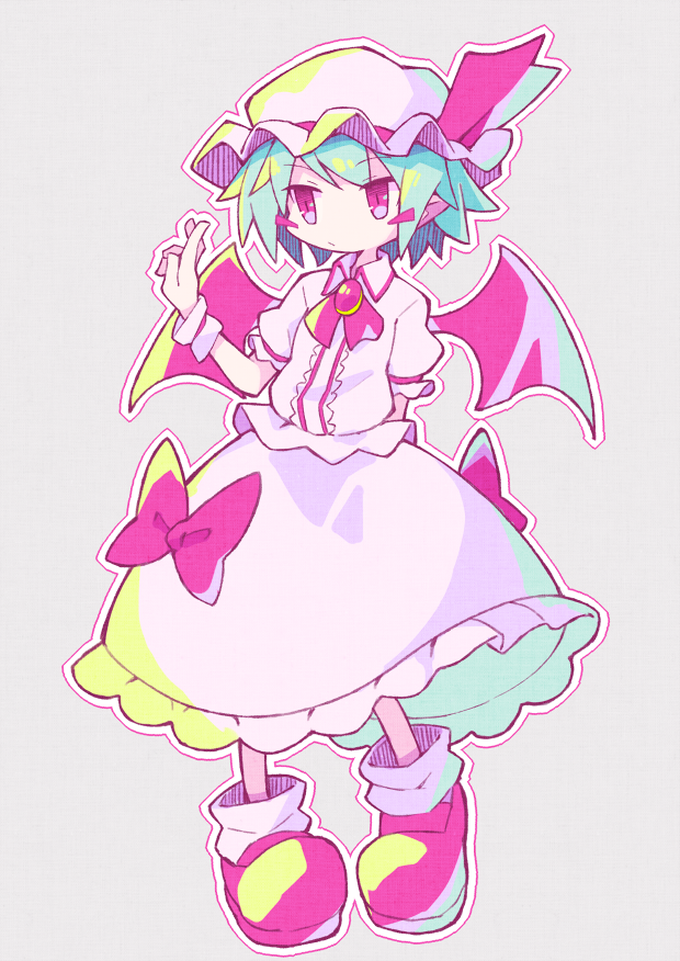 1girl arm_behind_back asameshi blue_hair blush_stickers bow brooch commentary female_focus frills full_body grey_background hand_up hat hat_ribbon jewelry mob_cap outline pink_hat pink_shirt pink_skirt red_bow red_eyes red_neckwear red_ribbon red_shoes remilia_scarlet ribbon shirt shoes short_hair short_sleeves skirt socks solo touhou white_outline white_socks wrist_cuffs