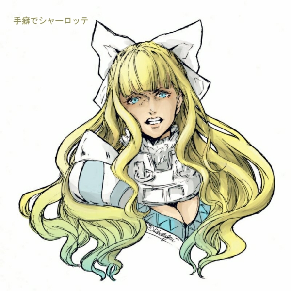 1girl armor bikini_armor blonde_hair blue_eyes bow breasts charlotte_(fire_emblem) cleavage fire_emblem fire_emblem_fates hair_bow hotate_rayan large_breasts long_hair nintendo shoulder_armor solo wavy_hair white_bow