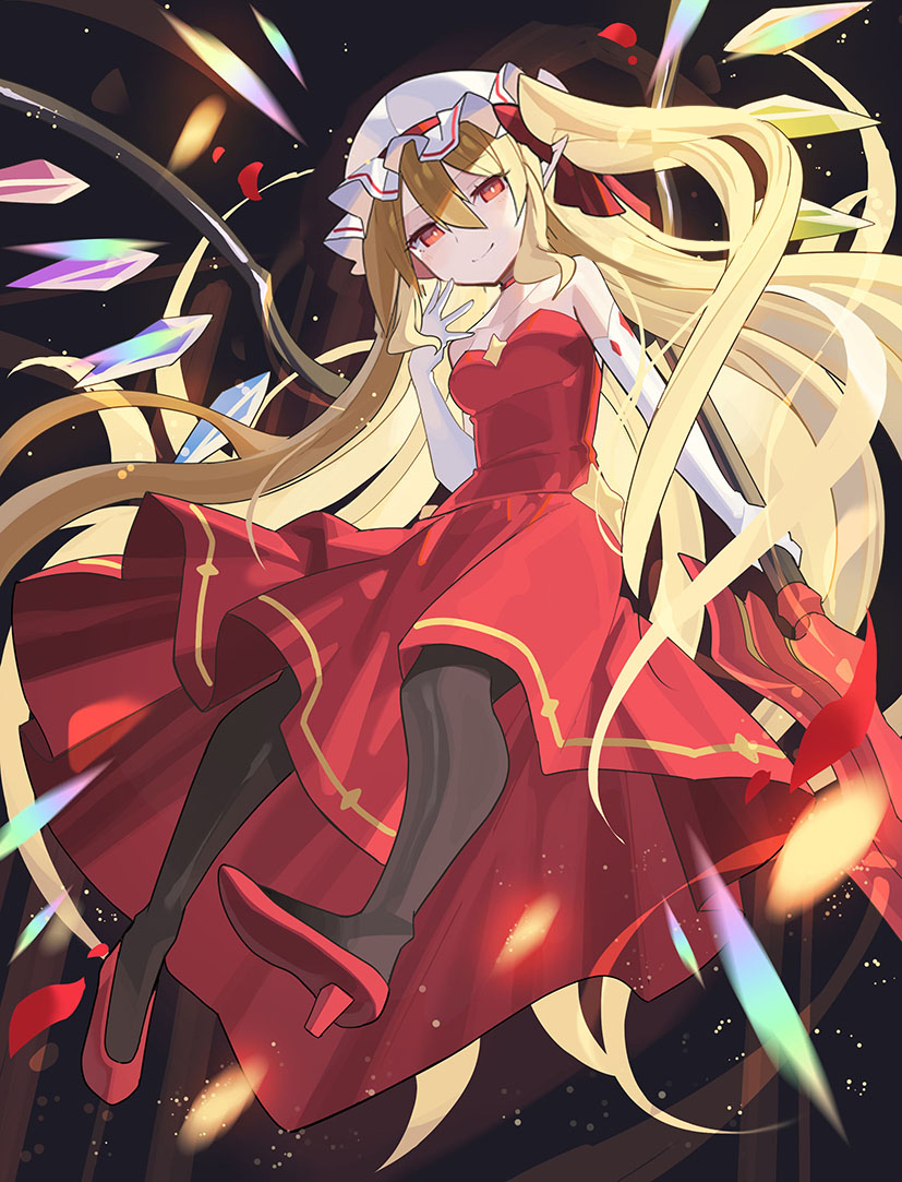 1girl aged_up alternate_breast_size alternate_costume black_pantyhose blonde_hair closed_mouth commentary crystal dress elbow_gloves falken_(yutozin) flandre_scarlet full_body gloves hair_between_eyes hat high_heels long_hair mob_cap pantyhose pointy_ears red_dress red_eyes red_shoes revision shoes smile solo touhou very_long_hair white_gloves white_hat wings