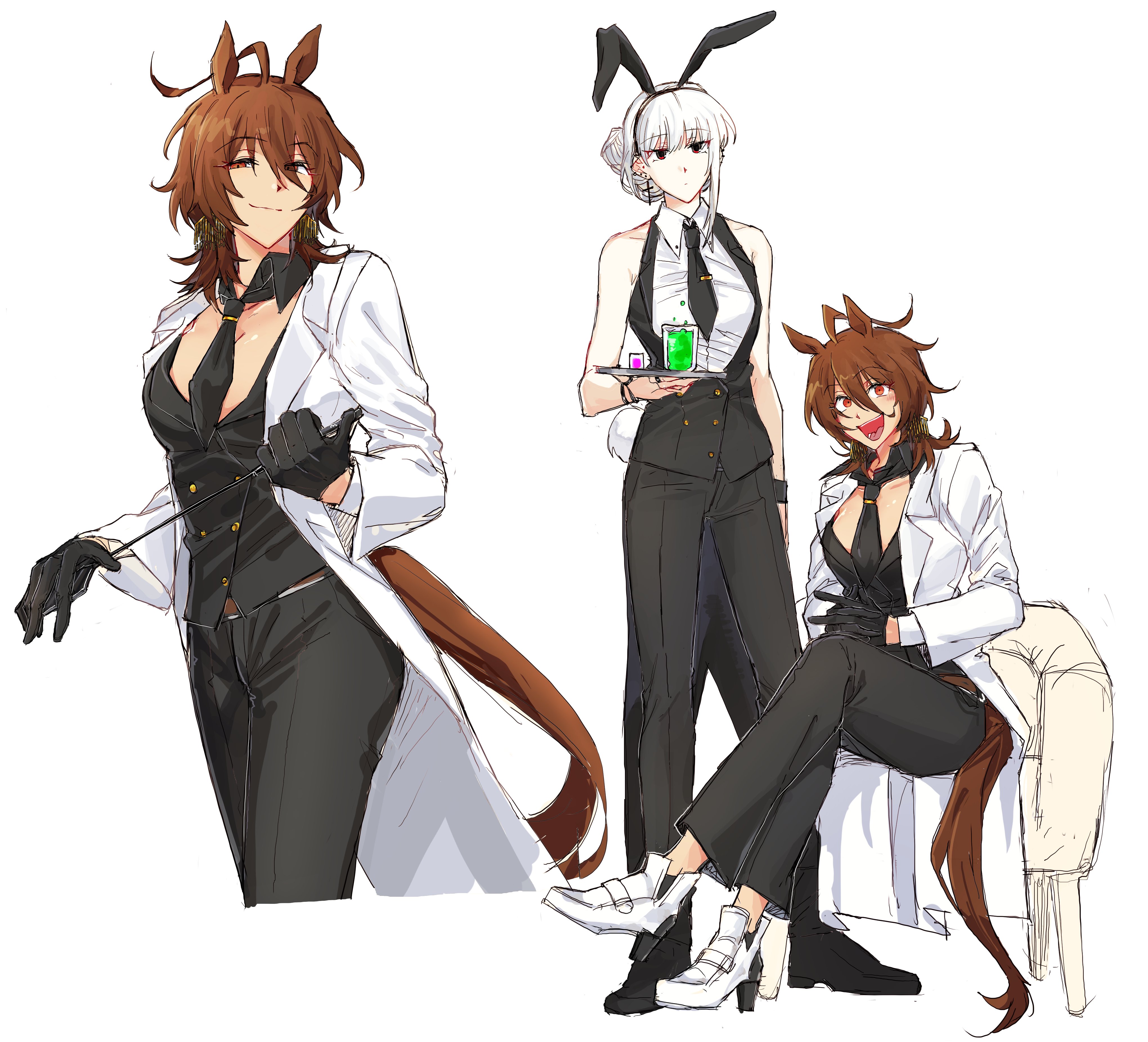 2girls absurdres agnes_tachyon_(umamusume) ahoge animal_ear_hairband animal_ears armchair bare_shoulders beaker belt black_collar black_gloves black_necktie black_pants black_vest brown_belt brown_hair brown_tail buttons chair closed_mouth collar collared_shirt crazy_eyes crazy_smile cropped_legs d2a103175 detached_collar dot_mouth double-breasted drink excited fake_animal_ears fake_tail female_trainer_(umamusume) full_body gloves hair_between_eyes hair_bun hairband half-closed_eyes high_heels highres holding holding_riding_crop holding_tray horse_ears horse_girl horse_tail lab_coat multiple_girls multiple_views necktie no_shirt oc_x_canon original pants rabbit_ears rabbit_tail red_eyes riding_crop shirt shoes short_hair simple_background single_hair_bun single_sidelock sitting sleeveless sleeveless_shirt smile standing tail tie_clip trainer_(umamusume) tray umamusume vest waistcoat waitress white_background white_hair white_shirt white_shoes wing_collar wolf_cut yumesaki_momoko_(d2a103175)