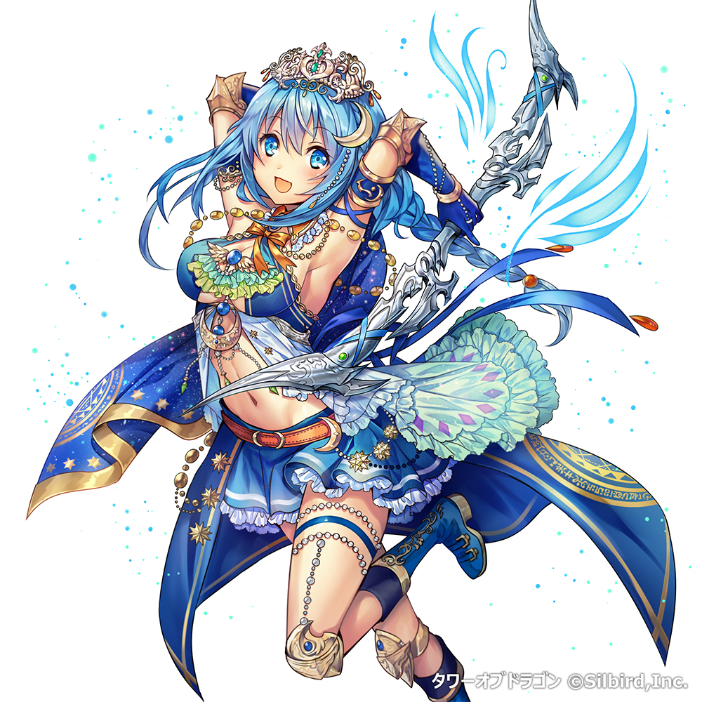 1girl :d armband armpits arms_up belt blue_boots blue_eyes blue_hair blue_skirt boots bow_(weapon) braid breasts cape cleavage company_name copyright_name crescent crescent_hair_ornament dress elbow_gloves eyebrows female_focus frilled_skirt frills gloves hair_between_eyes hair_ornament holding holding_weapon jewelry knee_pads leg_up long_hair looking_at_viewer madogawa matching_hair/eyes medium_breasts navel official_art open_mouth original ribbon simple_background single_braid skirt smile solo tiara tower_of_dragon wand weapon white_background wings