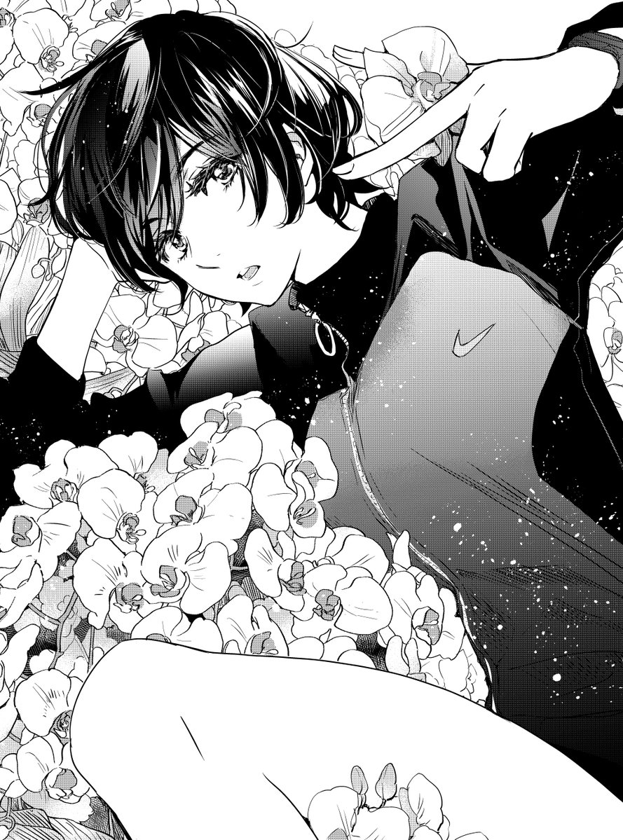 1girl androgynous asagao_to_kase-san flower greyscale jacket kase_tomoka light_particles monochrome nike_(company) official_art orchid pixie_cut short_hair solo takashima_hiromi tomboy track_jacket