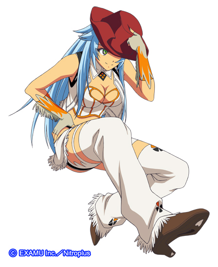 1girl blue_hair boots breasts cowboy_hat cowboy_western female_focus fingerless_gloves franco_il_nero fringe_trim gloves green_eyes hat long_hair nitro+_blasterz nitroplus official_art smile solo thighhighs weapon zoku_satsuriku_no_django