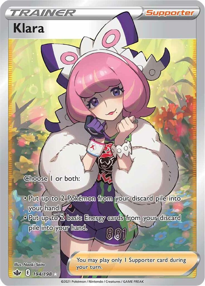 1girl artist_name asymmetrical_legwear bow bracelet card_(medium) character_name clenched_hands collared_shirt creatures_(company) drill_hair dynamax_band eyeshadow flipped_hair fur_jacket game_freak gloves hair_bow hairband hands_up jacket jewelry klara_(pokemon) makeup mismatched_legwear mole mole_under_mouth nintendo non-web_source official_art pink_eyeshadow pink_hair pink_lips pokemon pokemon_card pokemon_swsh pokemon_tcg print_shirt print_shorts purple_eyes ring saitou_naoki shaded_face shirt short_hair shorts side_slit side_slit_shorts single_glove smile solo thighhighs trading_card twin_drills white_bow white_hairband