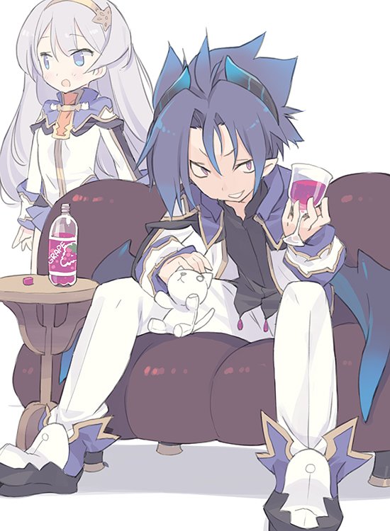 1boy 1girl black_footwear black_shirt blade_(galaxist) blue_eyes blue_hair blue_wings blush commentary_request couch cup cupping_glass demon_boy demon_horns demon_wings drinking_glass grape_soda grin hair_between_eyes horns jacket long_hair long_sleeves lucille_aleister on_couch open_mouth pants pleated_skirt pointy_ears pop-up_story purple_eyes purple_skirt school_uniform shirt shoes silver_hair sitting skirt sleeves_past_wrists smile st._feles_gakuen_uniform stuffed_animal stuffed_cat stuffed_toy table very_long_hair white_background white_jacket white_pants white_shirt wine_glass wings ziz_glover