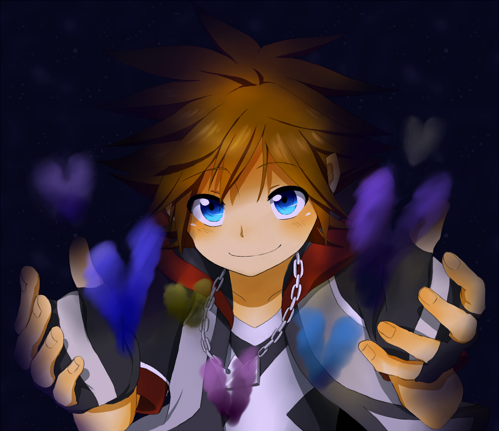 1boy black_background black_gloves black_jacket black_shirt blue_eyes brown_hair chain chain_necklace commentary_request dark fingerless_gloves gloves hands_up heart ichigo_bataa jacket jewelry kingdom_hearts kingdom_hearts_3d:_dream_drop_distance looking_at_viewer male_focus necklace pendant shirt short_hair smile solo sora_(kingdom_hearts) spiked_hair upper_body v-neck
