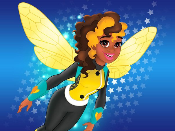 1girl brown_eyes bumble_bee dark_skin dark-skinned_female dc_comics female_focus honeycomb_pattern insect_wings karen_beecher multicolored_hair open_mouth smile solo two-tone_hair vambraces wings