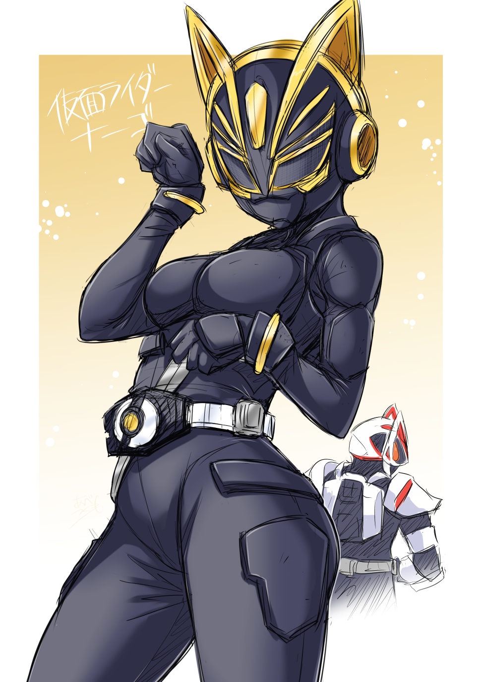 1boy 1girl abe_tsukumo animal_ears armor black_bodysuit black_eyes bodysuit breasts cat_ears cowboy_shot desire_driver rider_belt entry_form from_side headphones highres kamen_rider kamen_rider_geats kamen_rider_geats_(series) kamen_rider_na-go looking_back medium_breasts orange_eyes outside_border paw_pose rider_belt shoulder_armor sketch solo_focus thighs tokusatsu unfinished upper_body white_armor yellow_background