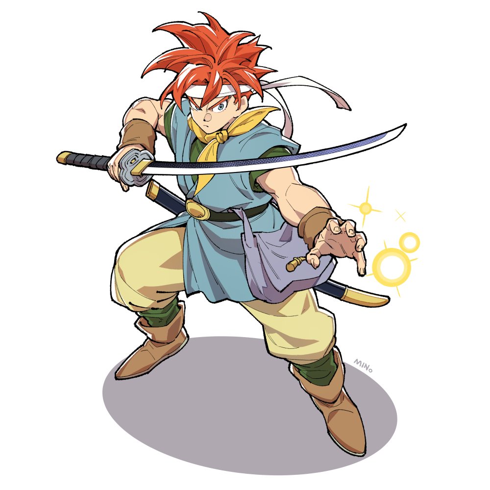 1boy arm_up belt belt_buckle black_belt blue_eyes boots brown_boots buckle chrono_trigger closed_mouth commentary_request crono_(chrono_trigger) full_body headband holding holding_sword holding_weapon korean_commentary looking_to_the_side male_focus outstretched_arm pants red_hair rheepic scabbard scarf shadow sheath short_hair sideways_glance solo spiked_hair standing sword weapon white_headband yellow_pants yellow_scarf