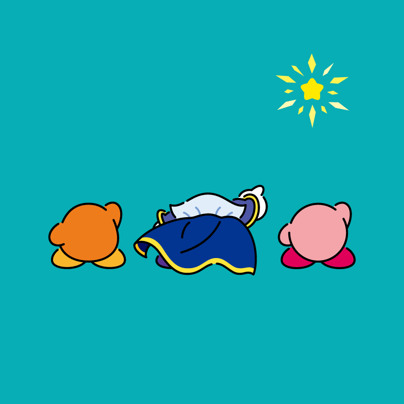 arm_up artist_request blue_background blue_cape cape from_behind full_body kirby kirby_(series) meta_knight nintendo no_humans official_art pointing second-party_source simple_background star_(symbol) waddle_dee