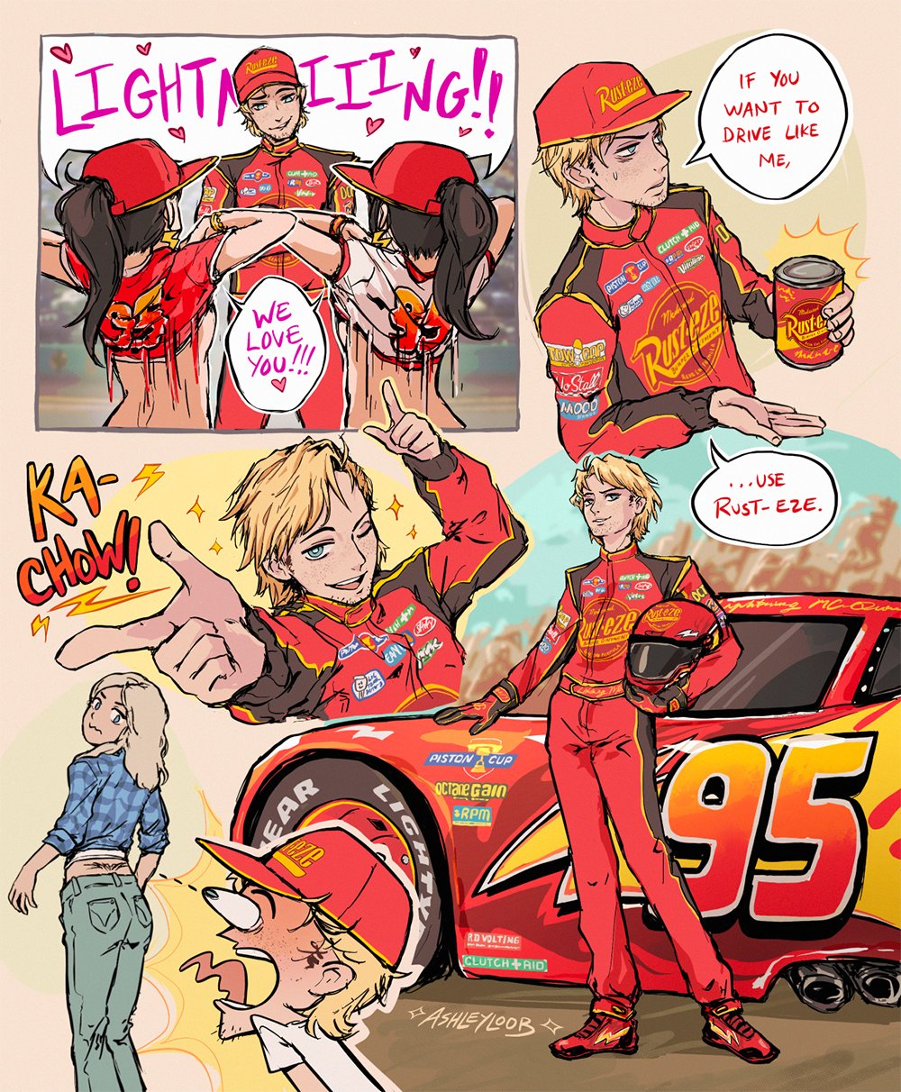 1boy 3girls artist_name ashleyloob back_tattoo baseball_cap black_hair blonde_hair blue_eyes can car cars_(movie) clothes_lift commentary english_commentary english_text flashing gloves hat highres holding holding_can jumpsuit lifting_own_clothes lightning_mcqueen long_hair looking_at_another male_focus motor_vehicle multiple_girls one_eye_closed personification pointing pointing_at_viewer ponytail race_vehicle racecar racing_suit red_hat red_jumpsuit red_shoes sally_carrera shirt shirt_lift shoes signature smile solo_focus sparkle speech_bubble sponsor standing tattoo tongue vehicle_and_personification