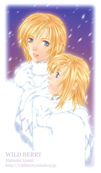 2girls artist_name bad_id blonde_hair blue_eyes character_request coat commentary_request evening facing_to_the_side fur-trimmed_coat fur_trim gloves izumi_natsuka light_smile looking_at_another looking_up medium_hair multiple_girls outdoors parasite_eve_(series) parasite_eve_i scarf shared_clothes shared_scarf smile snow snowing upper_body white_gloves white_scarf winter winter_clothes