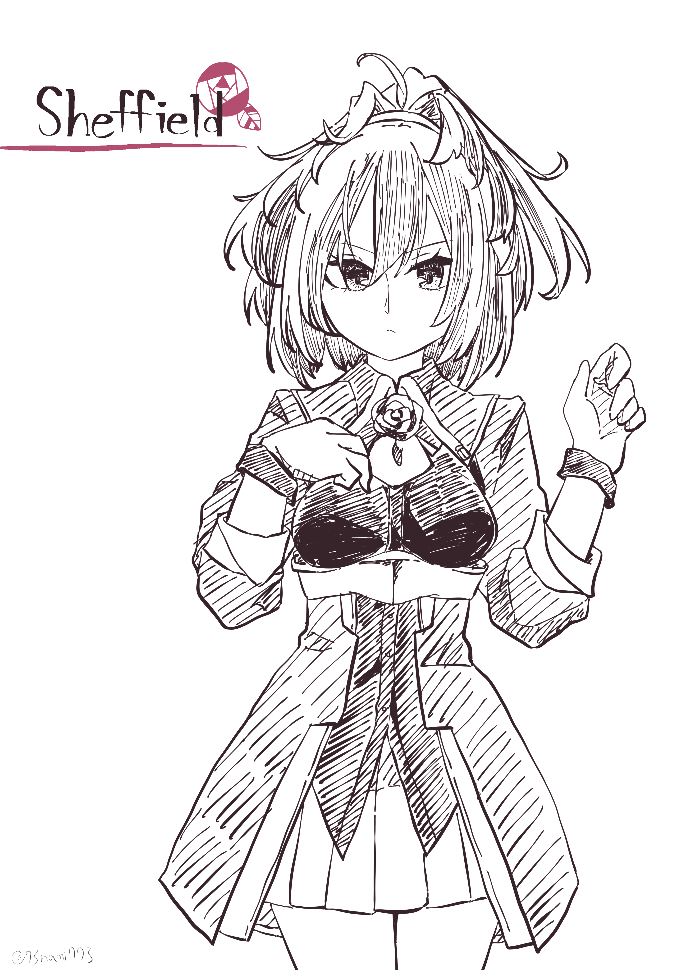 1girl absurdres ascot belt breasts character_name cowboy_shot flower gloves highres kantai_collection long_hair messy_hair military military_uniform monochrome nami_nami_(belphegor-5812) rose sheffield_(kancolle) small_breasts solo