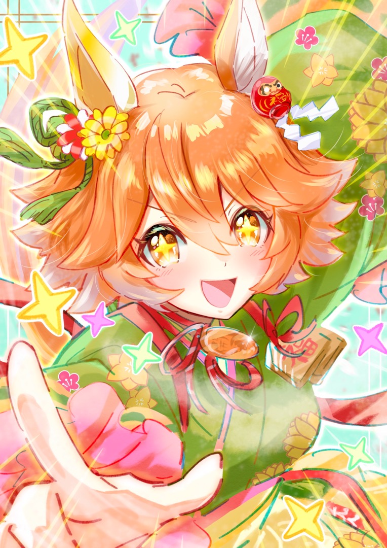 +_+ 1girl :d animal_ears blush brown_eyes chiffon commentary_request ear_covers flipped_hair green_kimono hair_bun horse_ears japanese_clothes kimono looking_at_viewer matikanefukukitaru_(chance_encounters_can_be_a_blessing)_(umamusume) matikanefukukitaru_(umamusume) official_alternate_costume open_mouth orange_hair pointing pointing_at_viewer single_ear_cover single_hair_bun smile solo tasuki umamusume v-shaped_eyebrows