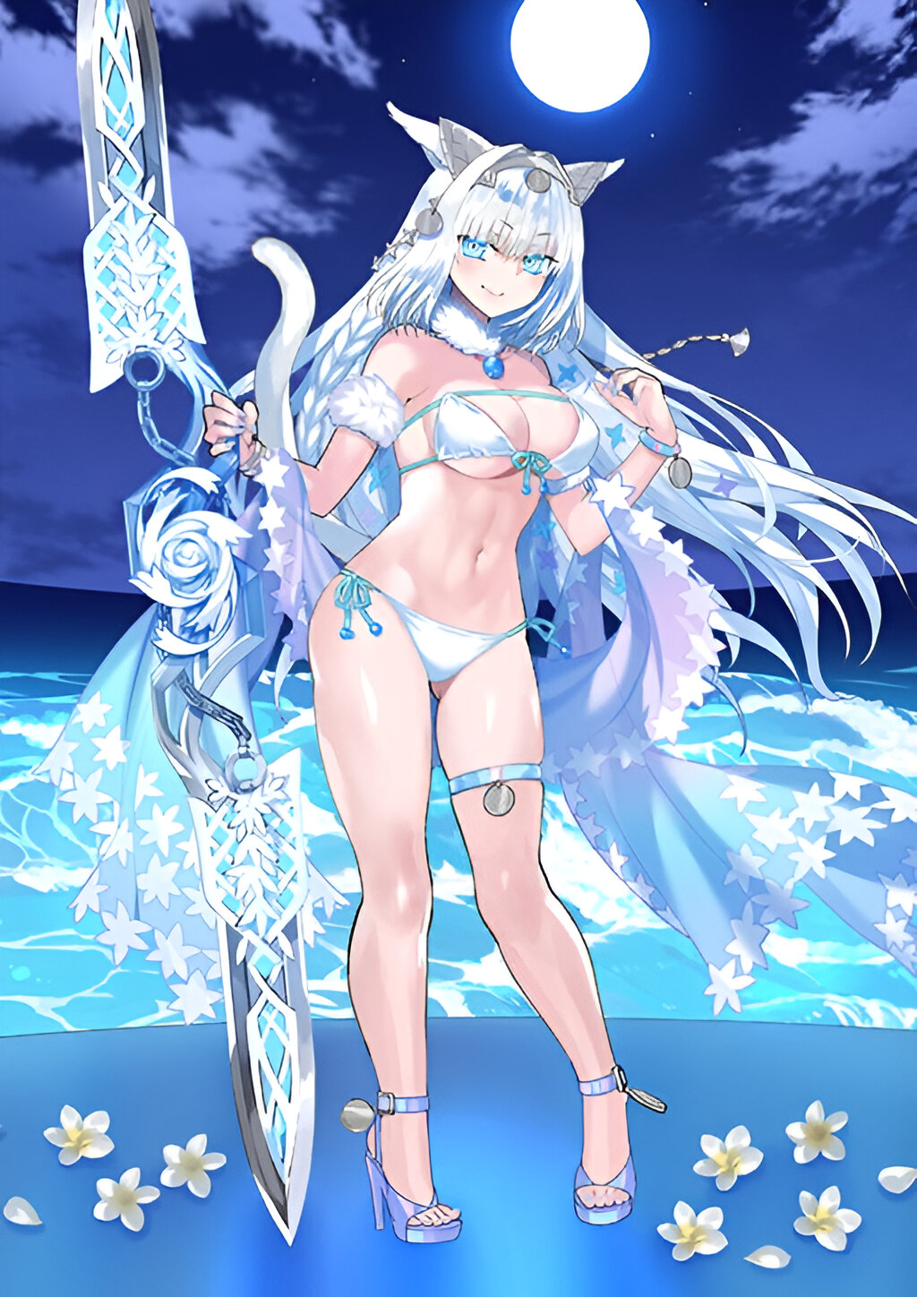 abs animal_ears armlet bikini blue_eyes blue_nails blush braid dobrynya_nikitich_(fate) dobrynya_nikitich_(swimsuit_lancer)_(fate) dobrynya_nikitich_(swimsuit_lancer)_(third_ascension)_(fate) fate/grand_order fate_(series) flower full_body high_heels highres holding holding_weapon jewelry long_hair looking_at_viewer moon navel night ocean robina shawl smile stomach swimsuit tail thighlet thighs weapon white_bikini white_hair