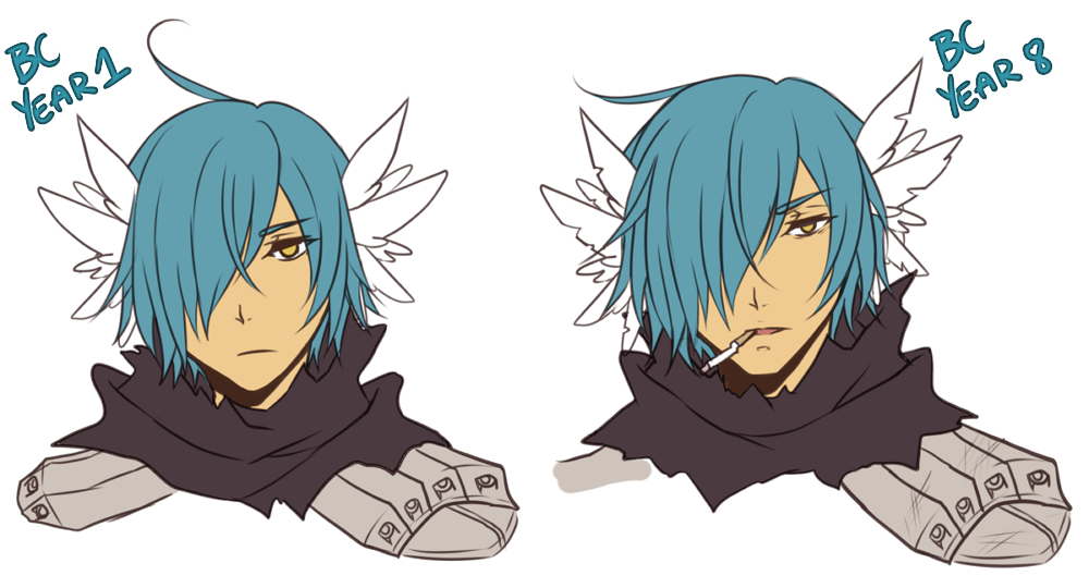 1boy armor assassin_cross_(ragnarok_online) black_scarf blue_hair cigarette closed_mouth expressionless feather_hair_ornament feathers hair_between_eyes hair_ornament hair_over_one_eye long_bangs looking_at_viewer male_focus open_mouth pauldrons ragnarok_online rinslette scarf short_hair shoulder_armor simple_background upper_body white_background yellow_eyes