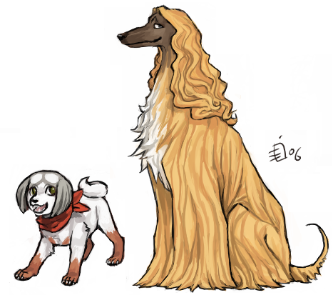 animalization bleach brown_eyes dog emlan full_body kuna_mashiro lowres neckerchief ootoribashi_roujuurou signature simple_background sitting size_difference standing white_background