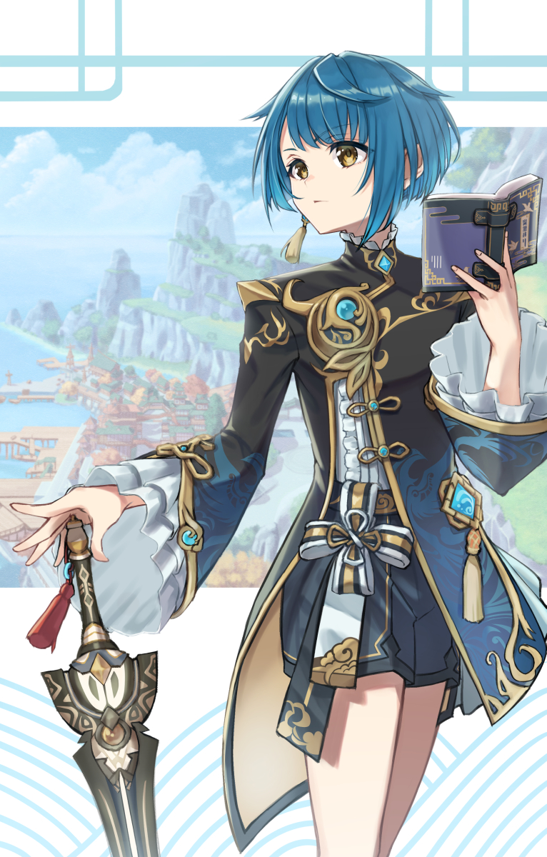 1boy blue_hair blurry blurry_background book chinese_clothes closed_mouth cloud cloudy_sky day earrings frilled_shirt_collar frilled_sleeves frills genshin_impact harbor highres holding holding_book holding_sword holding_weapon jacket jewelry long_sleeves looking_to_the_side male_focus mountain nyantiu open_book short_hair shorts single_earring sky solo sword tassel tassel_earrings trap vision_(genshin_impact) weapon xingqiu_(genshin_impact) yellow_eyes