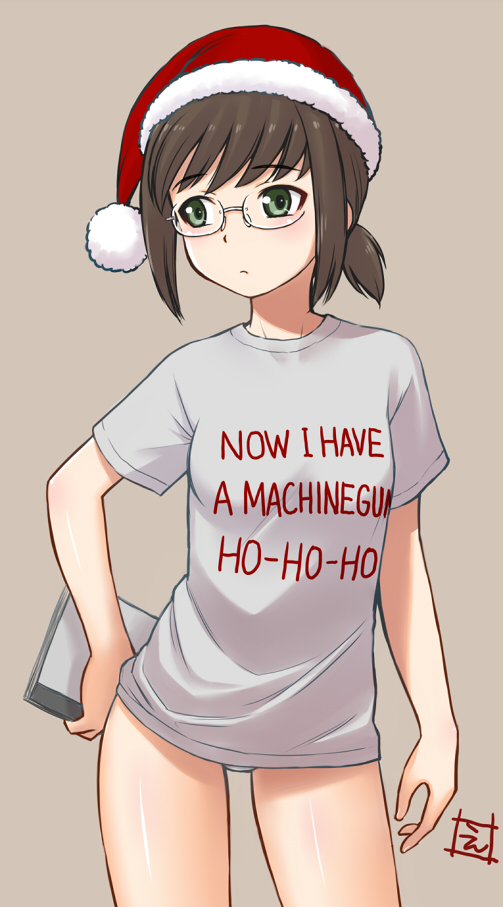 1girl alternate_costume bespectacled breasts clothes_writing die_hard ebifly fubuki_(kancolle) glasses green_eyes hat holding kantai_collection low_ponytail panties ponytail santa_hat shirt short_ponytail short_sleeves signature simple_background small_breasts solo t-shirt underwear white_panties white_shirt