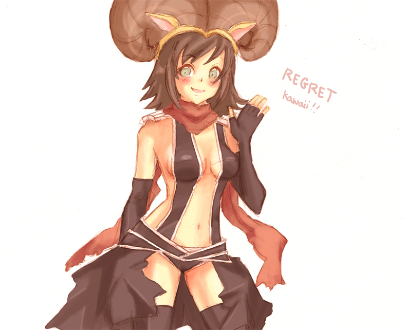 1girl armor assassin_cross_(ragnarok_online) black_cape black_gloves black_leotard black_thighhighs blush breasts brown_hair brown_horns cape commentary cowboy_shot elbow_gloves english_commentary english_text fake_horns fingerless_gloves gloves grey_eyes horns leotard looking_at_viewer medium_breasts navel open_mouth pauldrons pickacolour ragnarok_online red_scarf revealing_clothes scarf short_hair shoulder_armor simple_background smile solo thighhighs waist_cape waving white_background